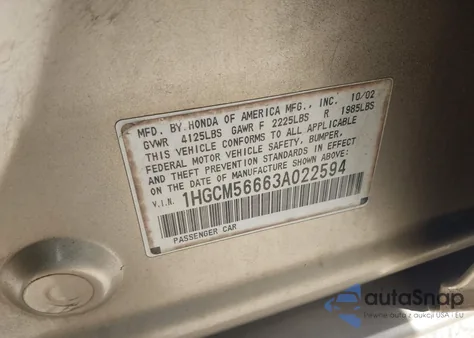 2003 Honda Accord 2.4 Ex from USA, damaged, VIN 1HGCM56663A022594